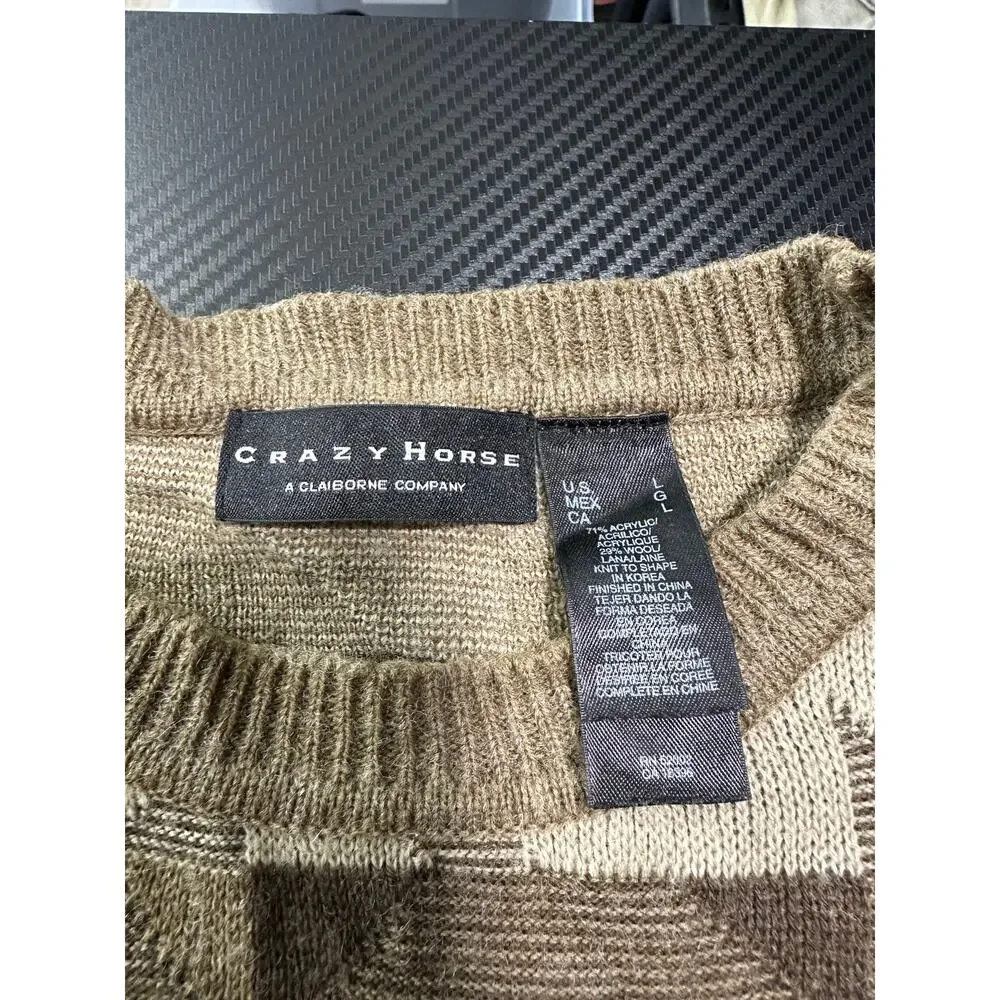 Vintage Geometric Print Wool Blend Crew Sweater Knit Brown Large Crazy Horse